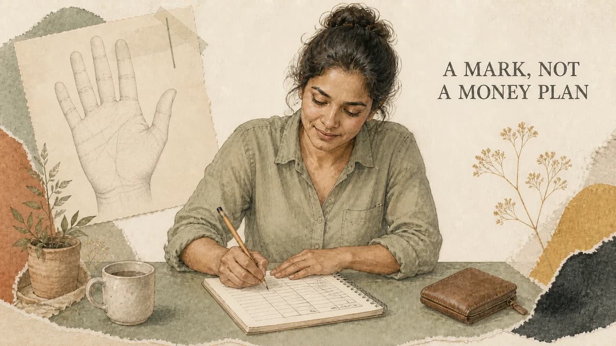 An adult makes a budget beside a palm sketch. A MARK, NOT A MONEY PLAN.