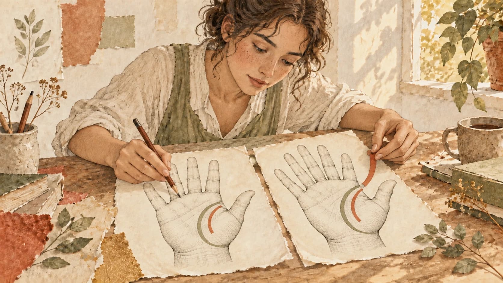 A fictional adult compares curved paper paths on two palm drawings at a sunlit workbench.