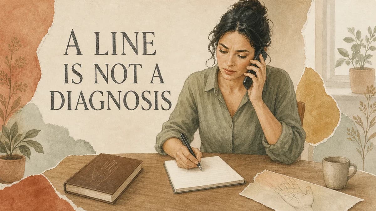 An adult writes questions during a phone call with a closed palmistry book set aside. A LINE IS NOT A DIAGNOSIS.