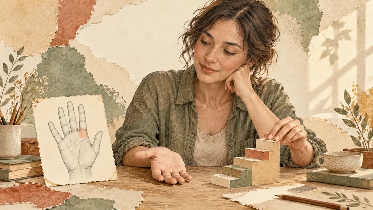 An adult arranges a paper staircase beside a hand-study card at a workshop.