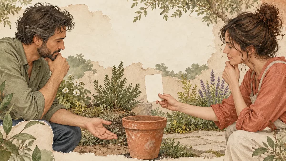 Two neighbours pause over different possible places for a garden pot.