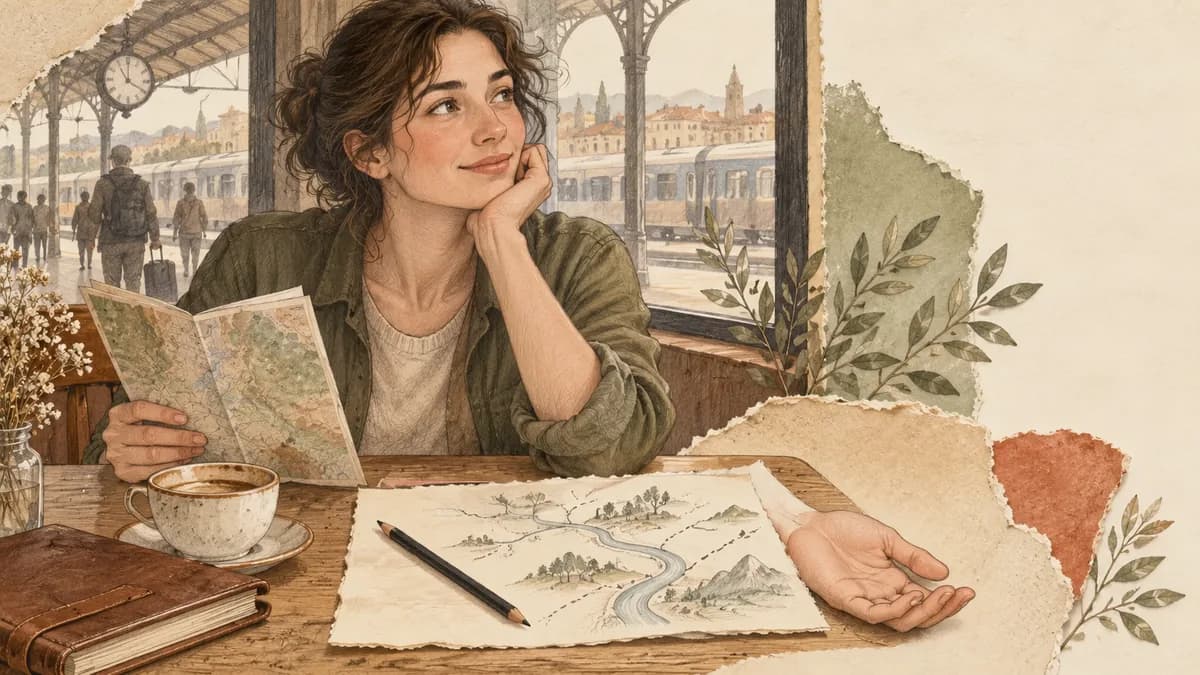 An adult holds a folded map and rests their chin beside a river sketch in a station cafe.