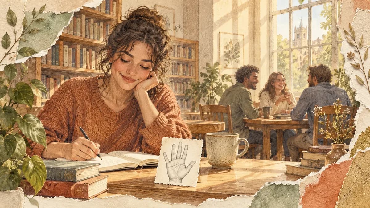 An adult chooses a quiet library chair while friends talk at another table.