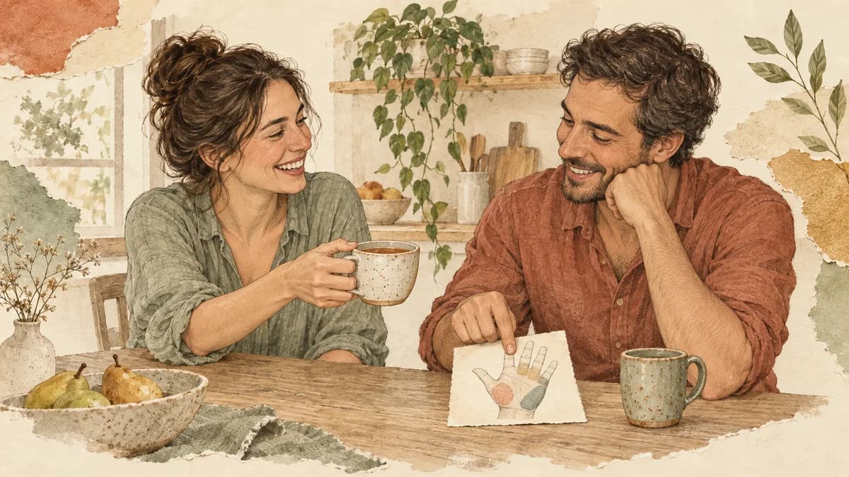 An adult offers a friend tea beside a small thumb-pad study.