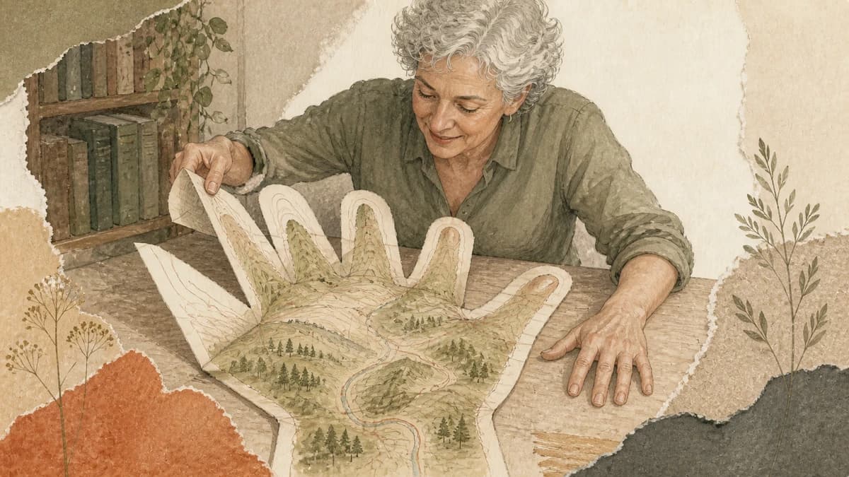 An adult unfolds a palm-shaped paper landscape map in a library.