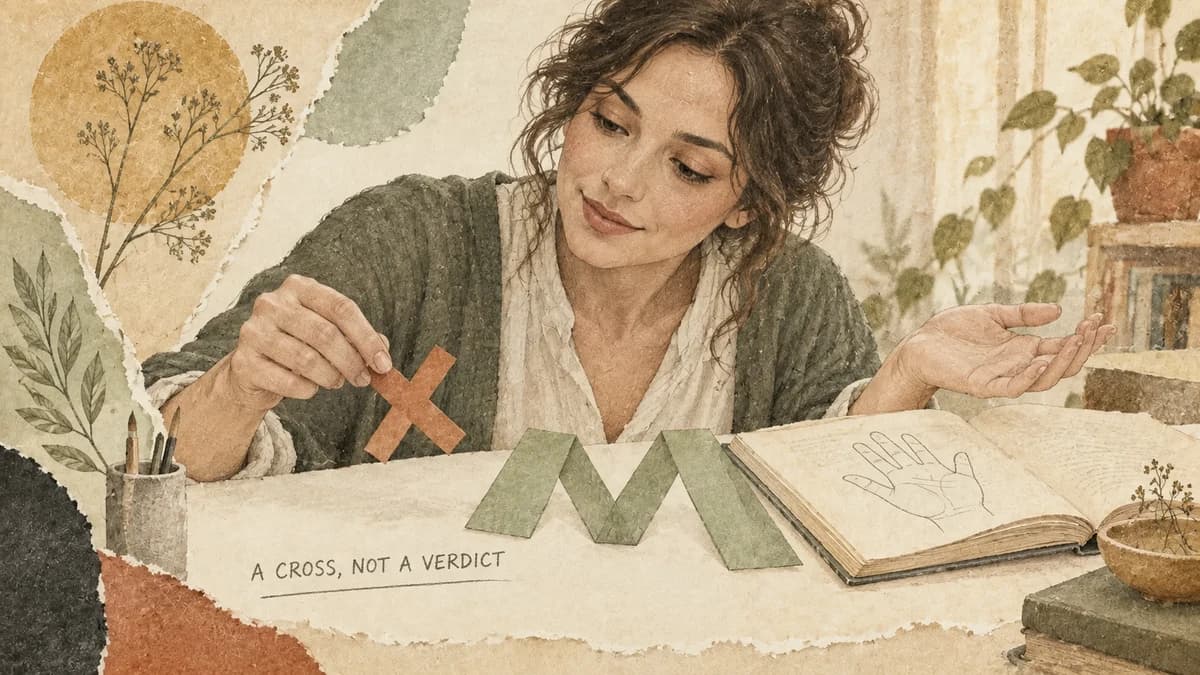 A fictional adult woman compares X-shaped and M-shaped paper cutouts beside a palm map. A CROSS, NOT A VERDICT.