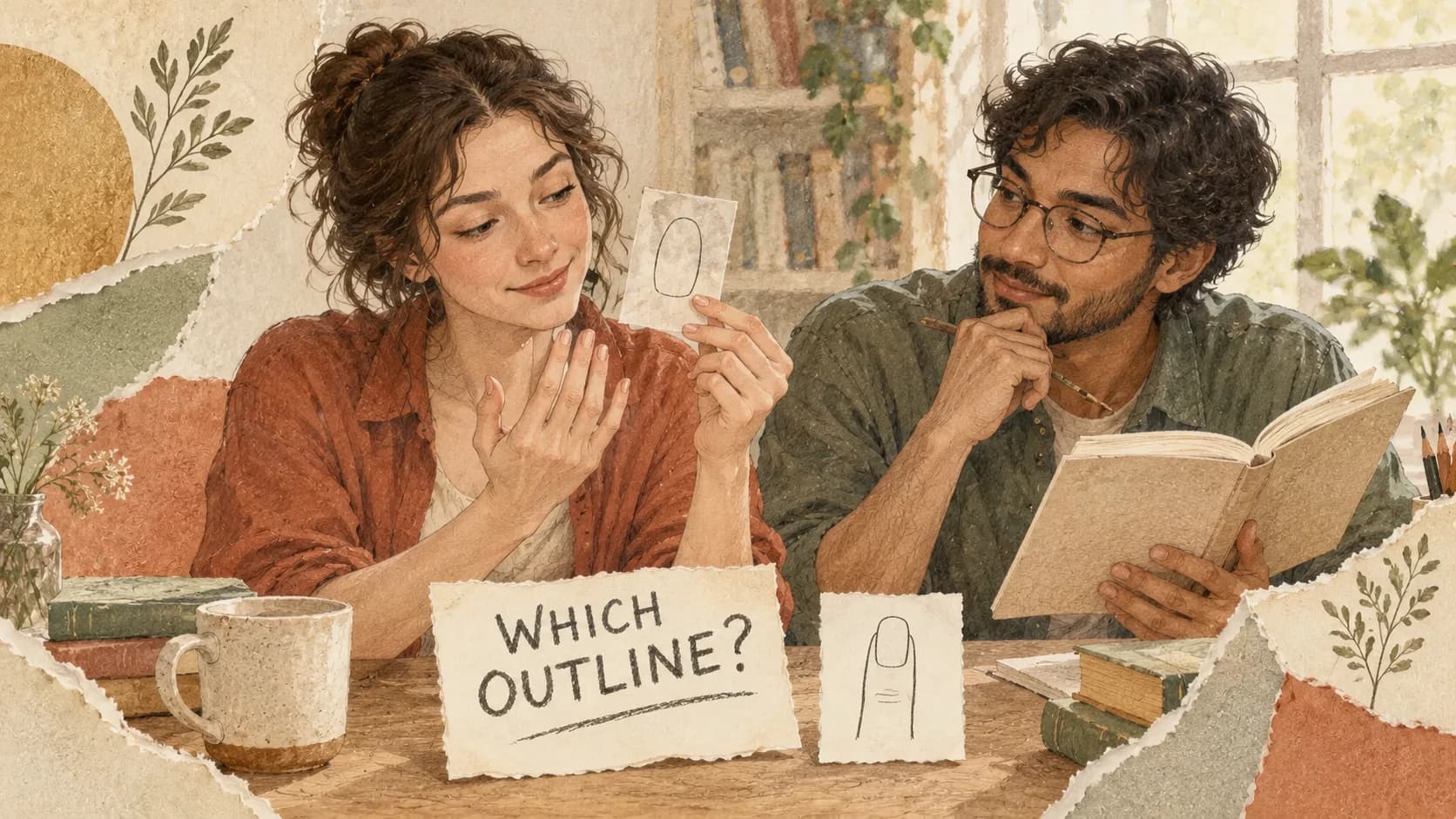 Two fictional adults at a library table compare an outline card with an open book and a separate question card.