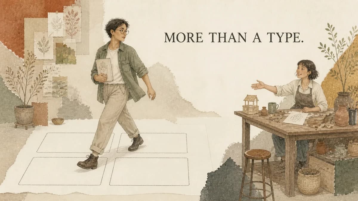 An adult strides across four outlined boxes while a friend watches. MORE THAN A TYPE.