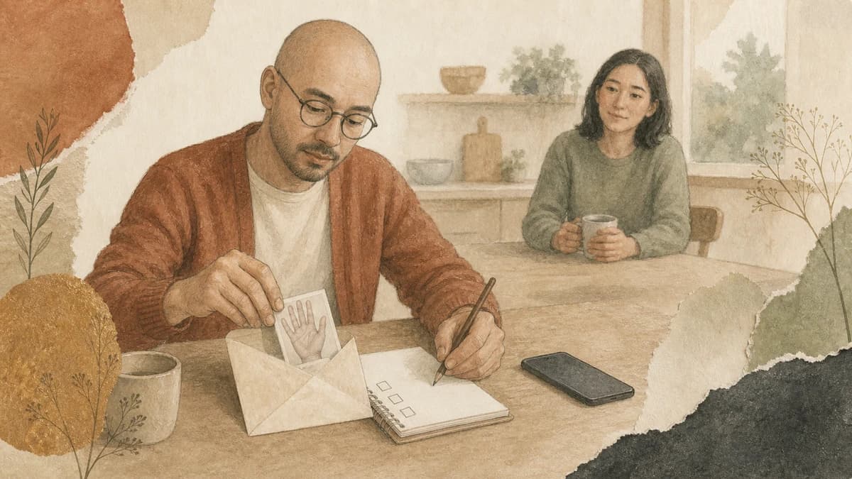 A man pauses over a hand-photo envelope and three unchecked boxes while a friend waits.