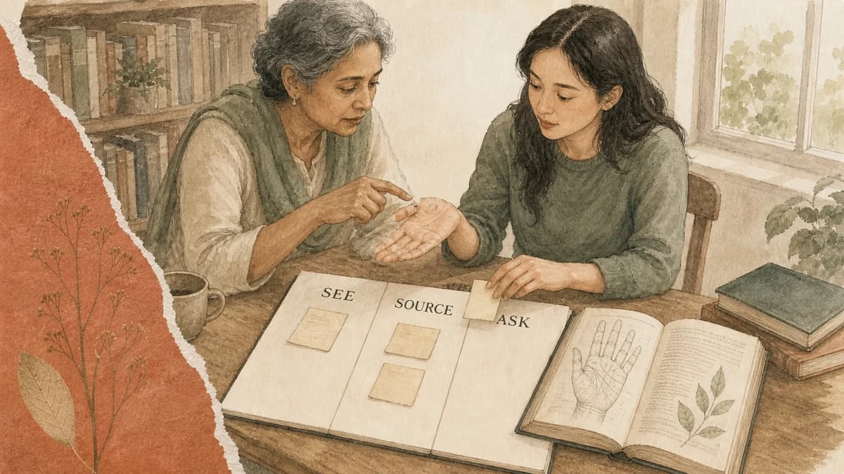 Two adults compare an open palm with a notebook marked SEE, SOURCE and ASK.