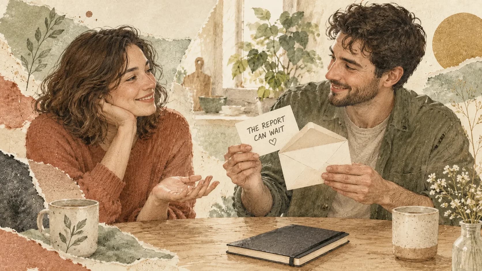 Two fictional adults consider a note reading 'THE REPORT CAN WAIT' and an open envelope at a kitchen table, with a closed notebook in front of them.