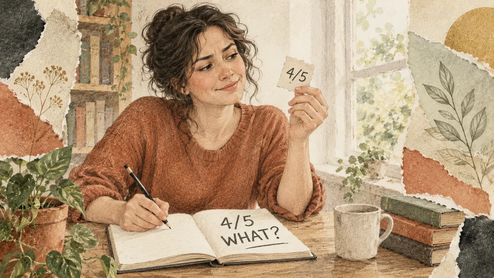 Illustrative adult pauses over an unlabelled 4/5 paper token and writes a question in a notebook.