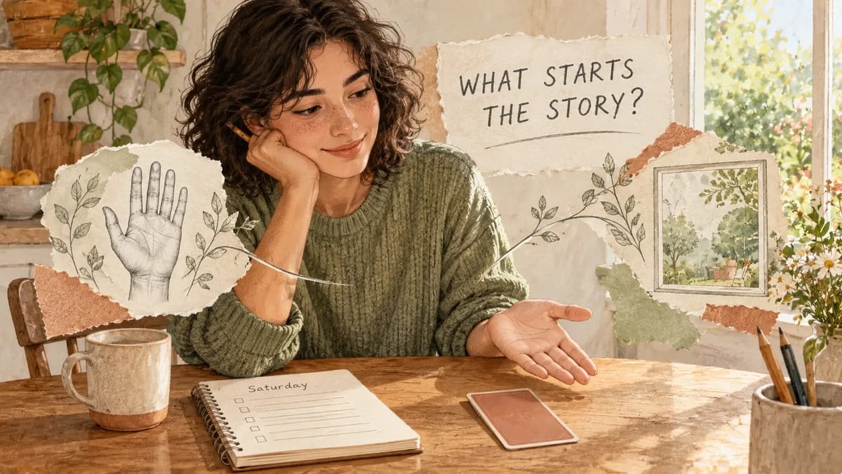A fictional adult at a sunny kitchen table pauses between an open palm and a face-down card beside a weekend notebook.