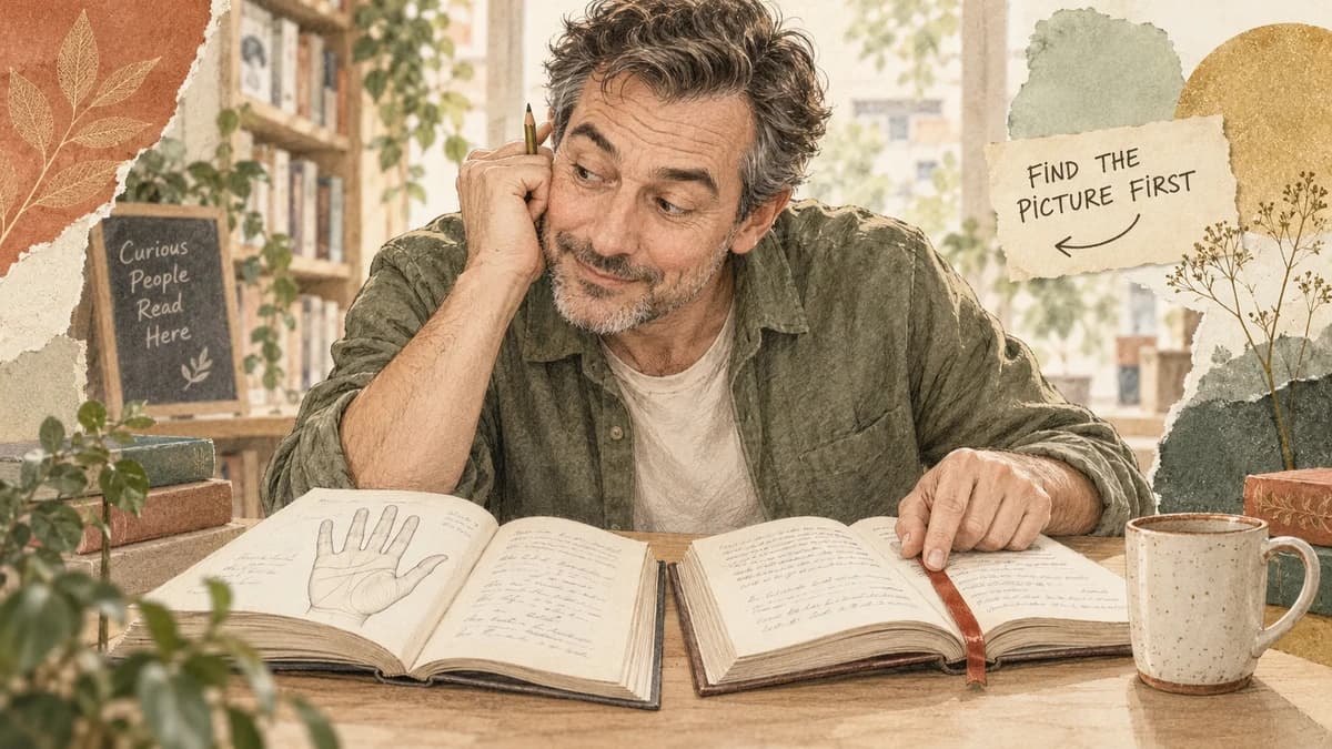 Illustrative adult reader holding a chapter open while looking back for a book's diagram.