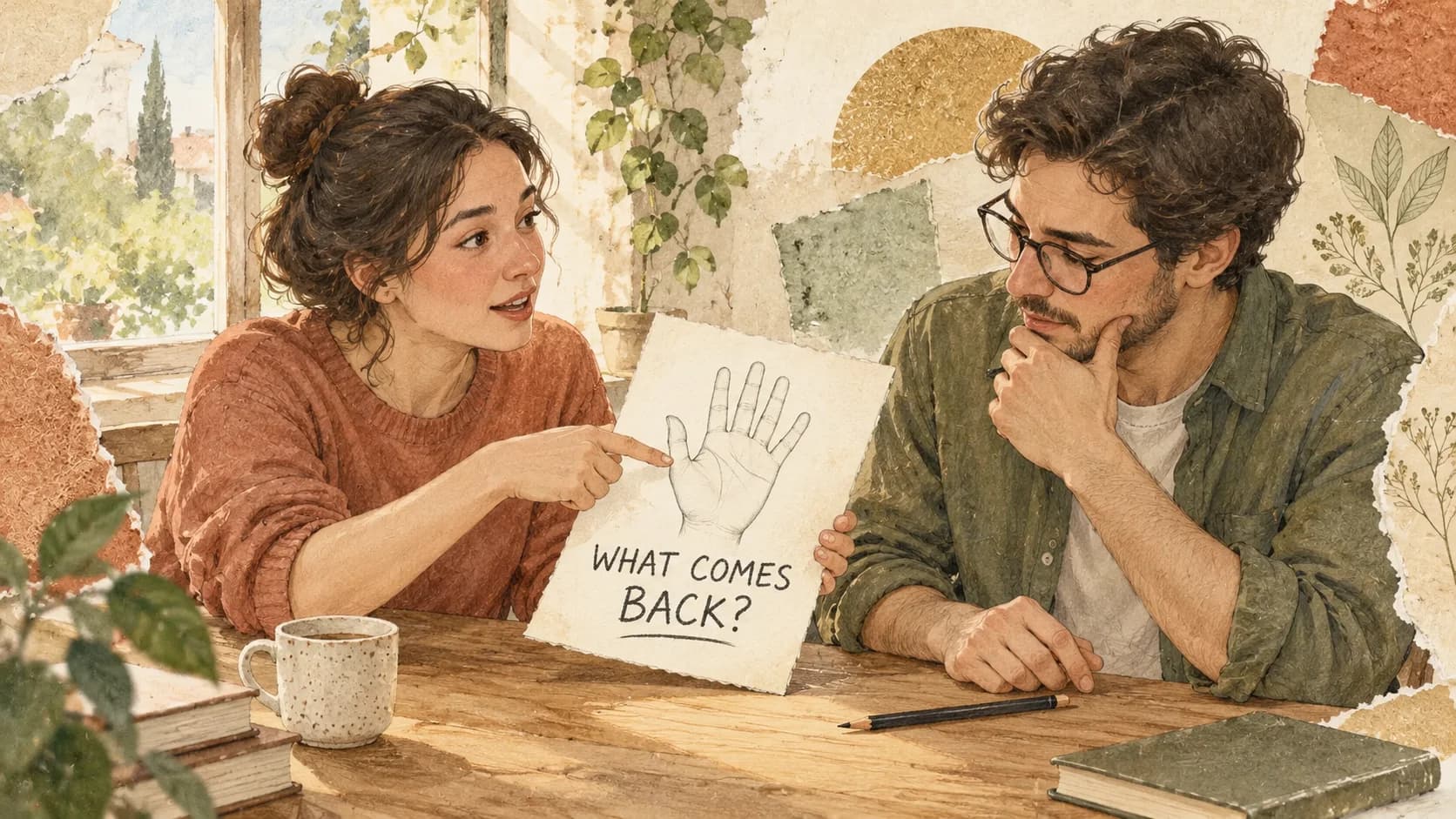 Illustrative learner passing a hand sketch across a study table while asking what needs correcting.