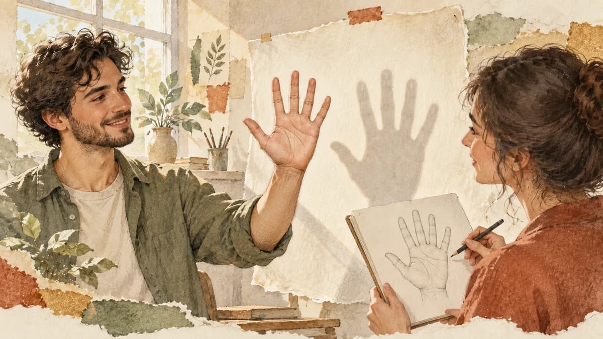 Two fictional adults at a window explore the gaps in an offered hand's shadow on a paper panel. One draws the observed pose rather than assigning a personality.