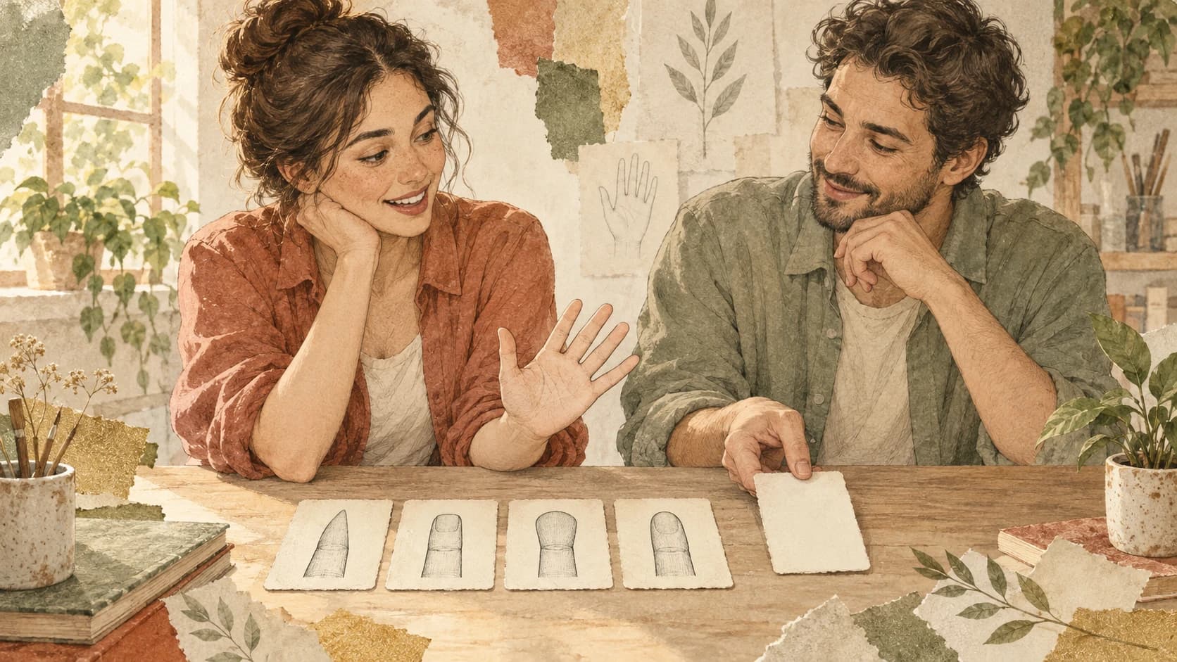 Two adults compare an open hand with four fingertip drawings while one offers a blank card for an uncertain observation.