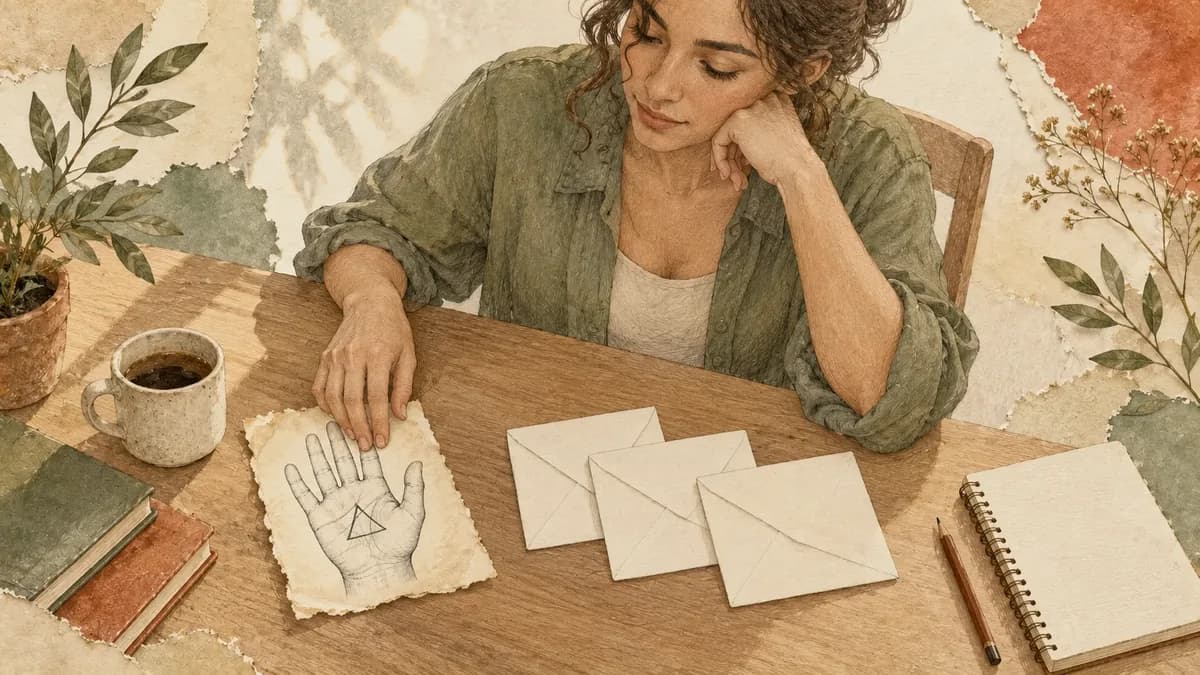 An adult puts a palm-study card beside envelopes and a notebook at a sunny desk.