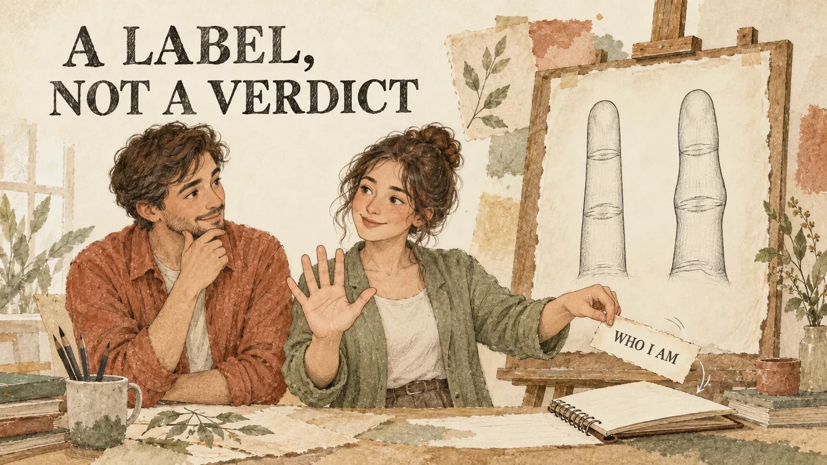 Two fictional adults at an art-class table discuss a hand while one moves a WHO I AM label away from two finger-outline sketches towards an open notebook. The headline reads A LABEL, NOT A VERDICT.