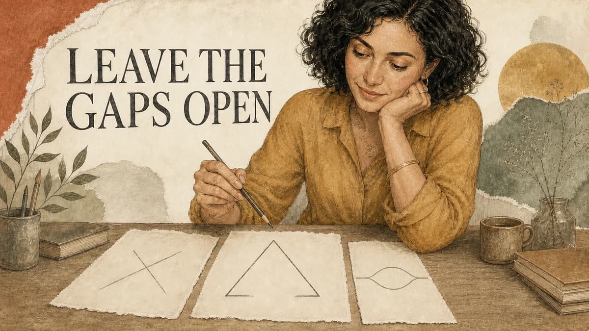 An adult pauses with a pencil beside separate crease studies and an open triangle. LEAVE THE GAPS OPEN.