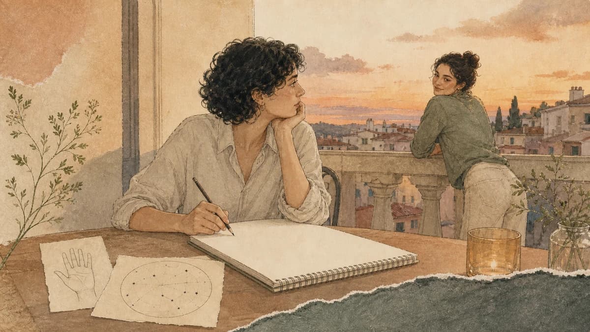 Two adults beside a blank notebook, a palm study and a star chart.
