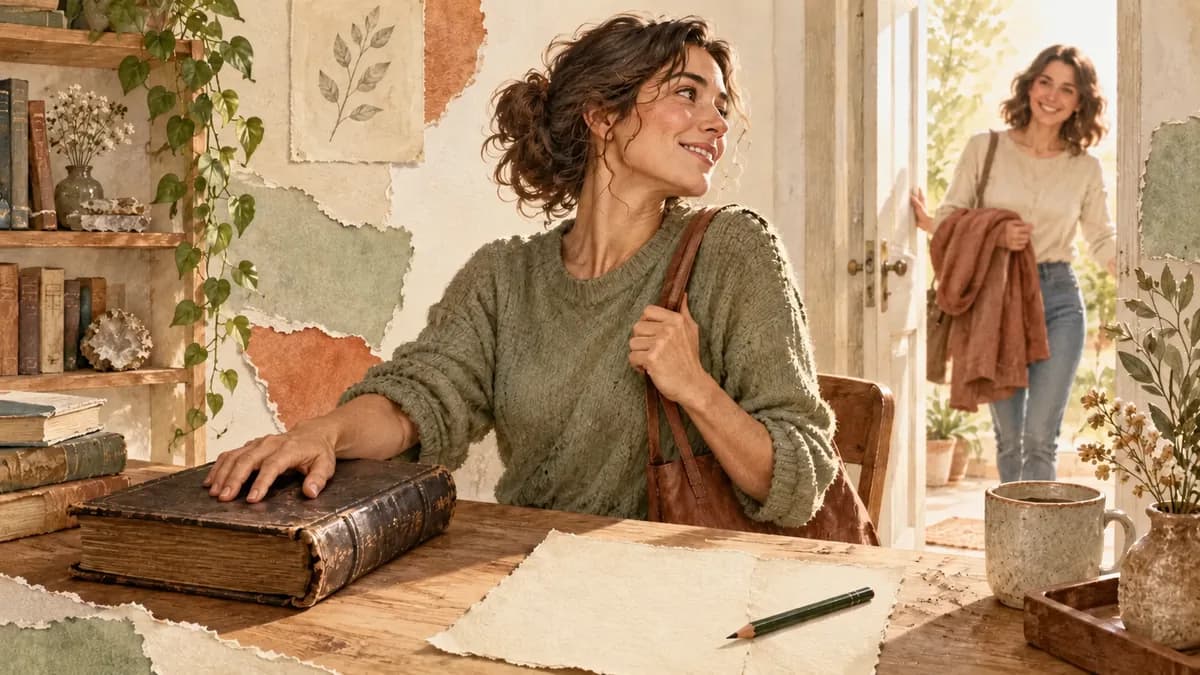 An adult closes an old book and turns towards a friend waiting by an open doorway.