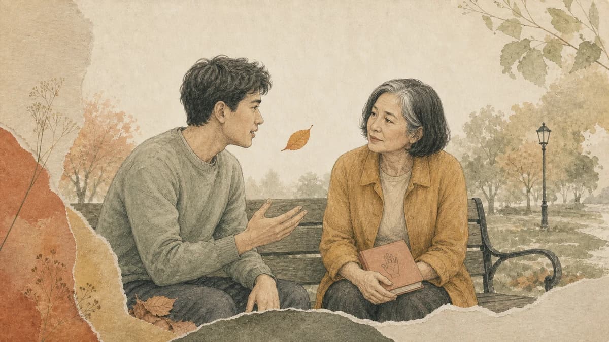 A woman closes a palmistry booklet on her lap and listens to a man on a park bench.