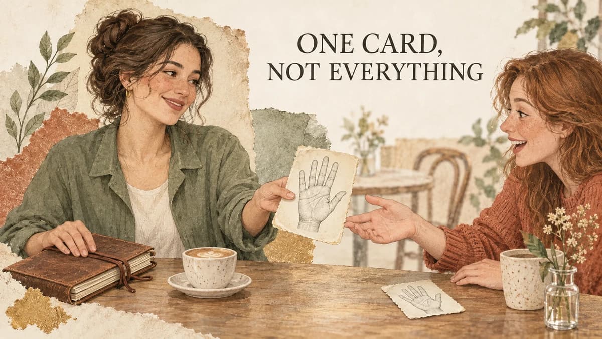 Two fictional adults at a café exchange one illustrated palm card while the sender keeps a closed reading journal beside them. A second small card suggests onward copying.