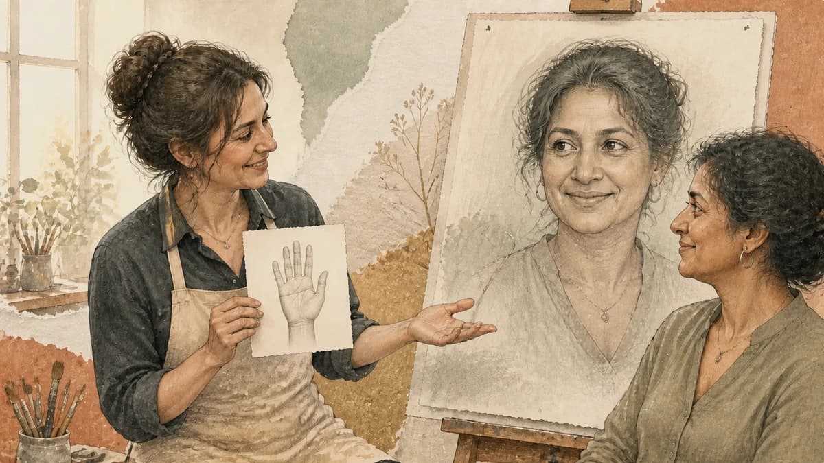 An artist and sitter share a glance beside a portrait and a small hand study with one prominent transverse crease.