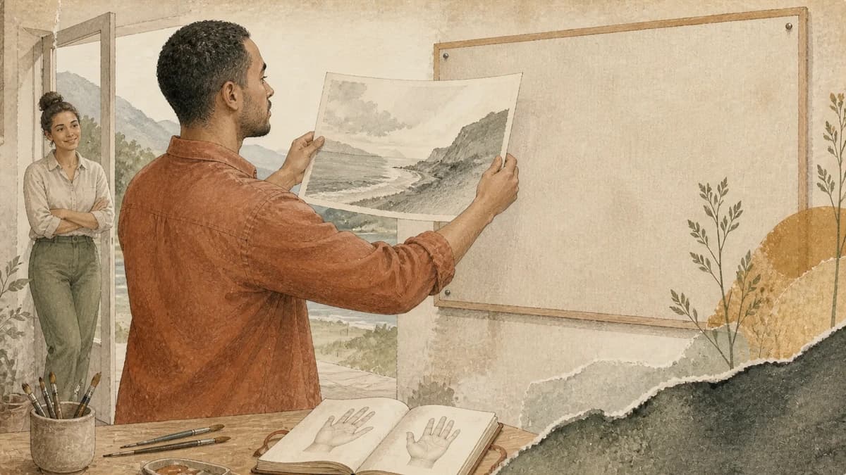 An adult prepares to pin unfinished artwork on a board while a friend waits at the doorway; a palmistry study lies nearby.