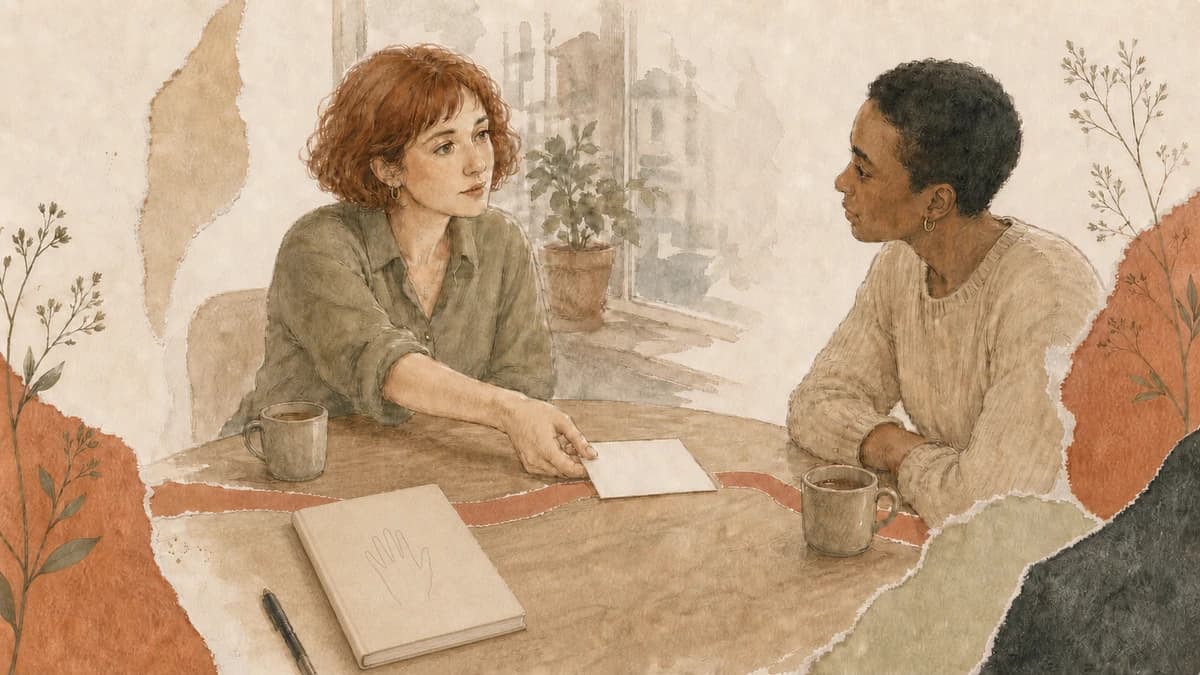 Two friends share a blank conversation card beside a closed palmistry book and separated paper paths.