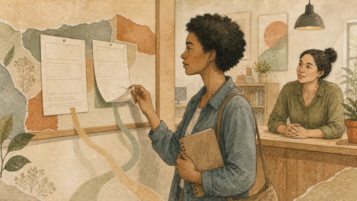 An adult considers two notices above branching paper paths while holding a closed notebook.