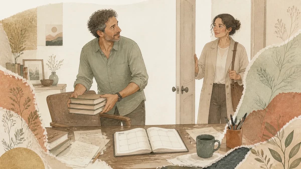 An adult clears books from a chair as a friend arrives at the doorway.