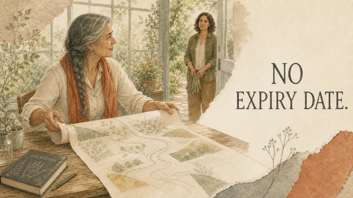 An adult unfolds a garden plan beside a closed palmistry book.