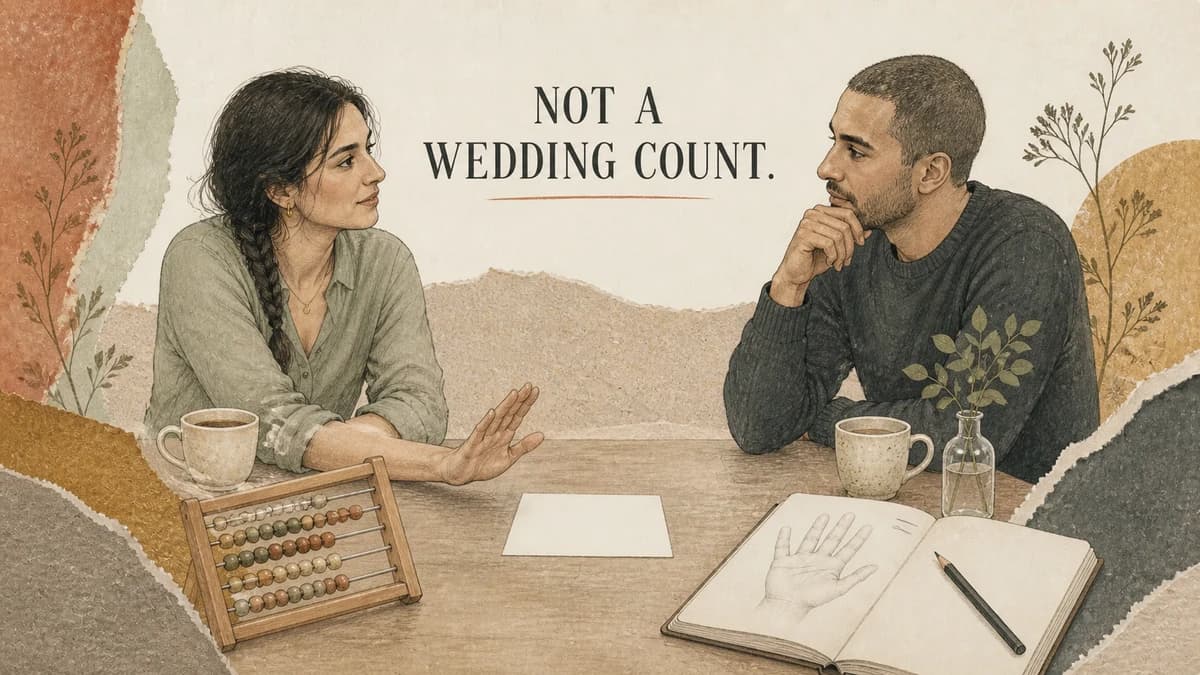 A woman sets a counting tool aside while talking with a friend. NOT A WEDDING COUNT.