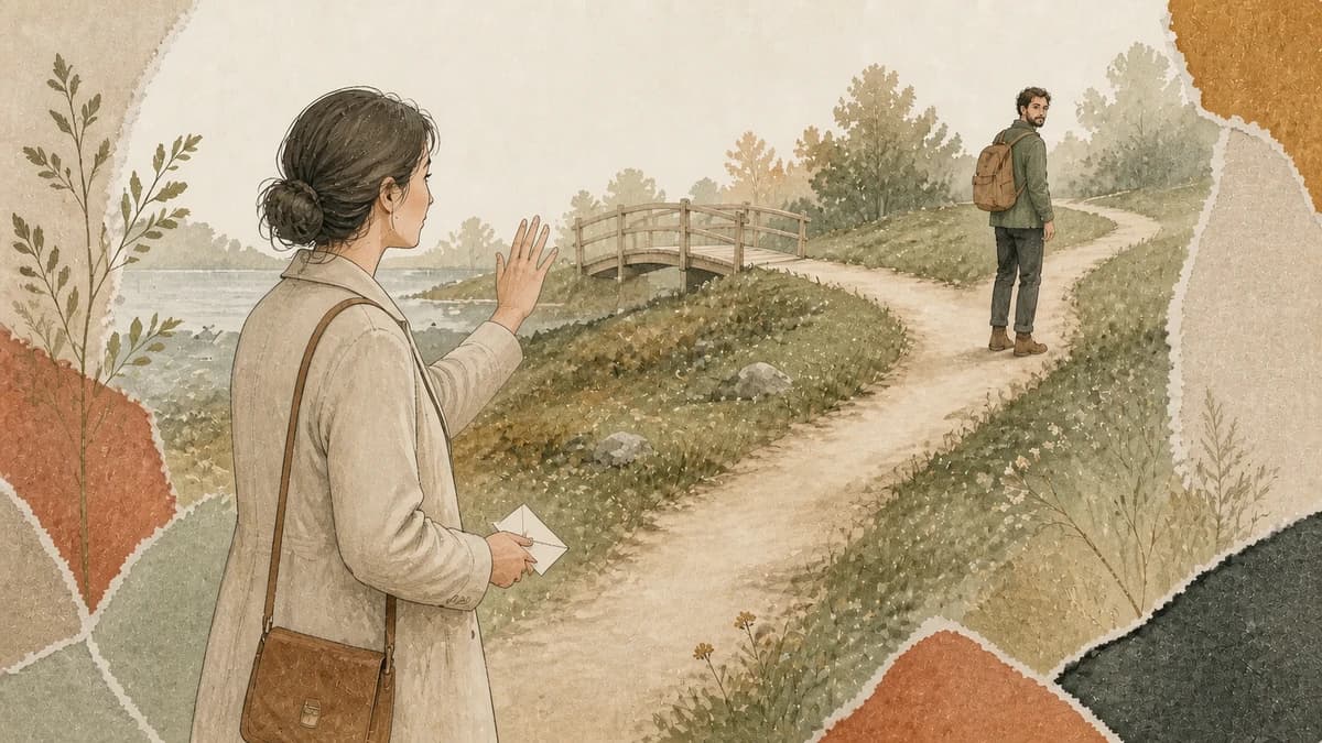 A woman raises a hand toward a friend turning back across a path junction.