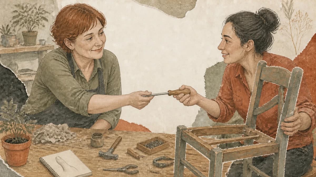 Two adults exchange a screwdriver while repairing a chair, with a thumb study on the workbench.