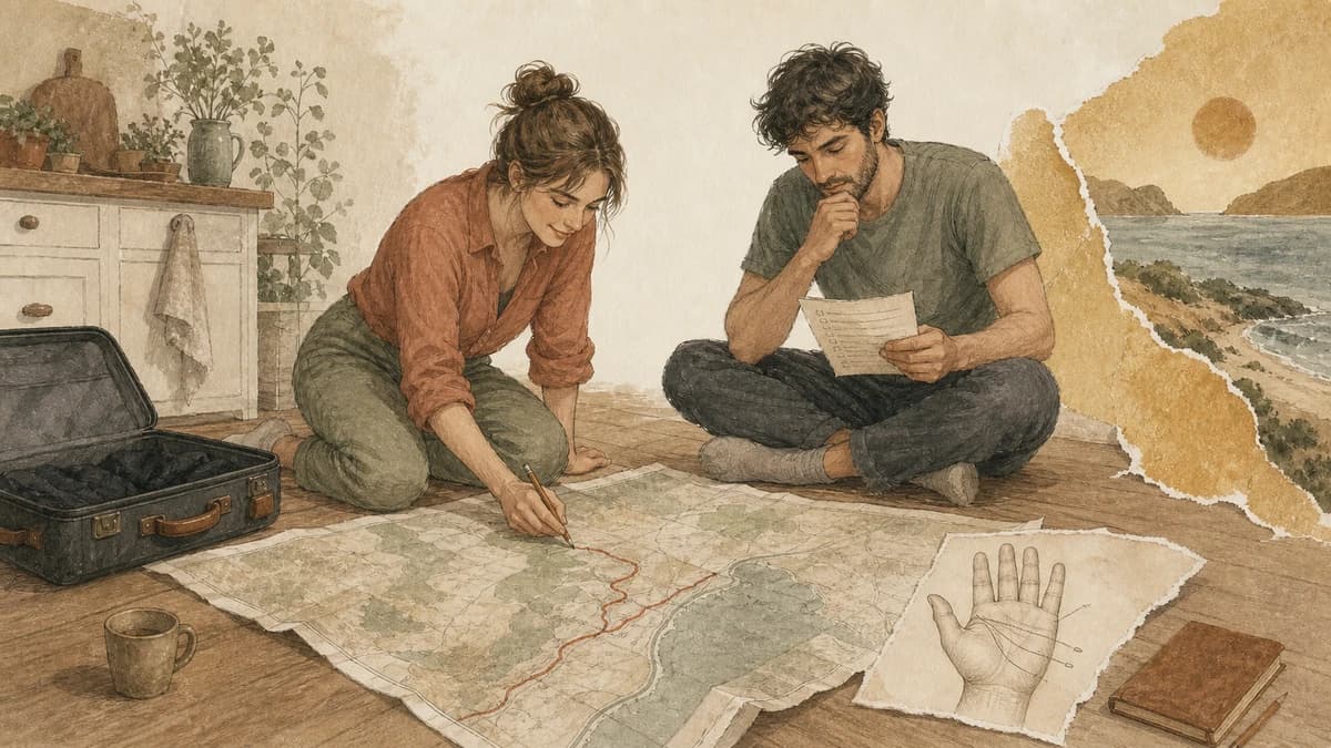Two adults compare a route map and checklist beside an unpacked suitcase; a separate palm sketch does not choose their route.
