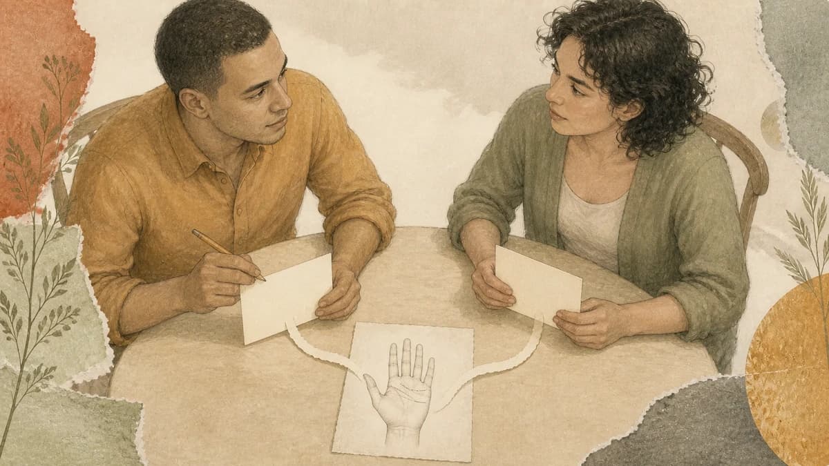 Two adults hold blank conversation cards beside a small palm sketch.