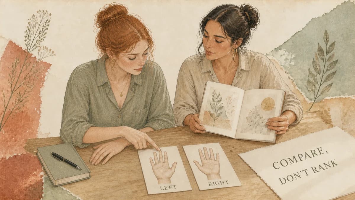 Two friends compare palm cards labelled LEFT and RIGHT. COMPARE, DON'T RANK.