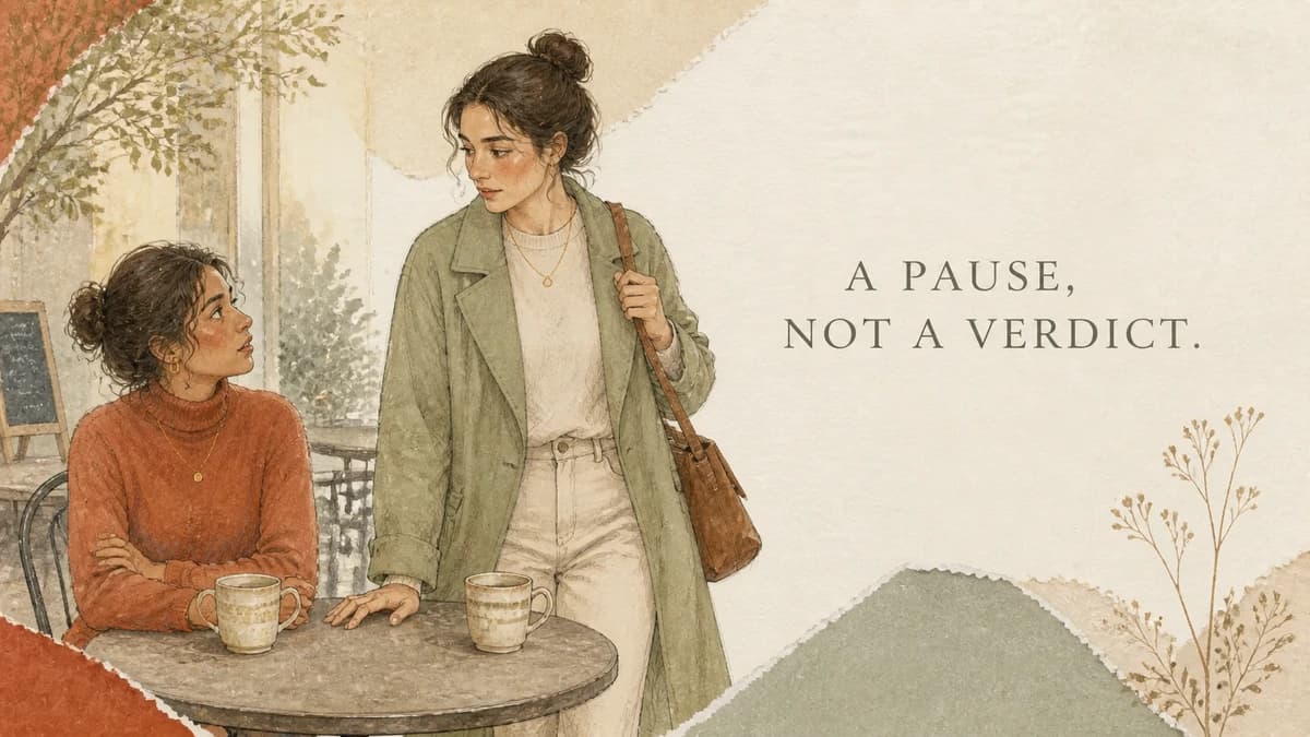 A woman stands beside her chair and looks back at a seated friend. A PAUSE, NOT A VERDICT.
