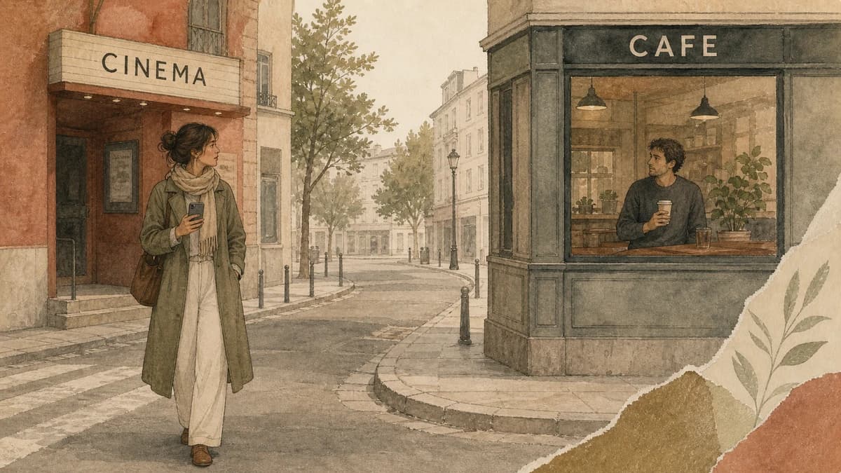 Two friends wait at different venues marked CINEMA and CAFE.