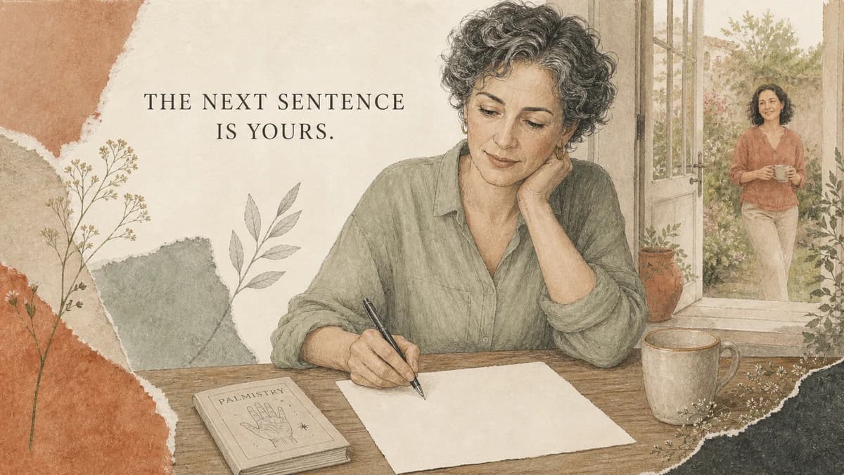 A woman pauses over a blank letter beside a closed palmistry book. THE NEXT SENTENCE IS YOURS.