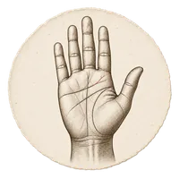 An engraved left palm and wrist printed in a round cream medallion with a tiny terracotta heart-line fork.