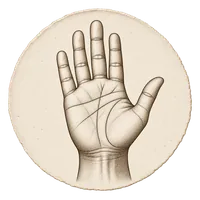 An engraved left palm and wrist printed in a round cream medallion.
