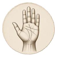 An engraved right palm and wrist printed in a round cream medallion.
