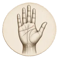 An engraved left palm and wrist printed in a round cream medallion with a tiny terracotta heart-line fork.