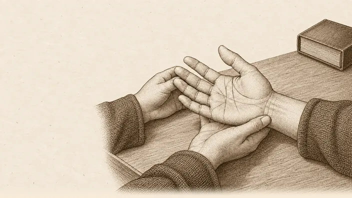 Hands meet across the same wooden table, with coarse wool cuffs and a shut generic blockbook.