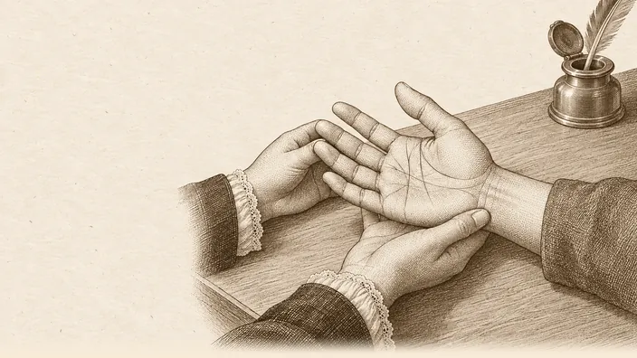 Hands meet across the same wooden table, with lace-edged linen cuffs and a pewter inkwell.