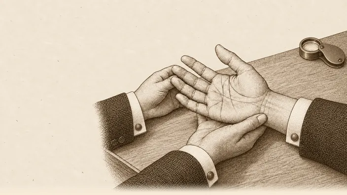 Hands meet across the same wooden table, with starched cuffs and an aged-brass loupe.